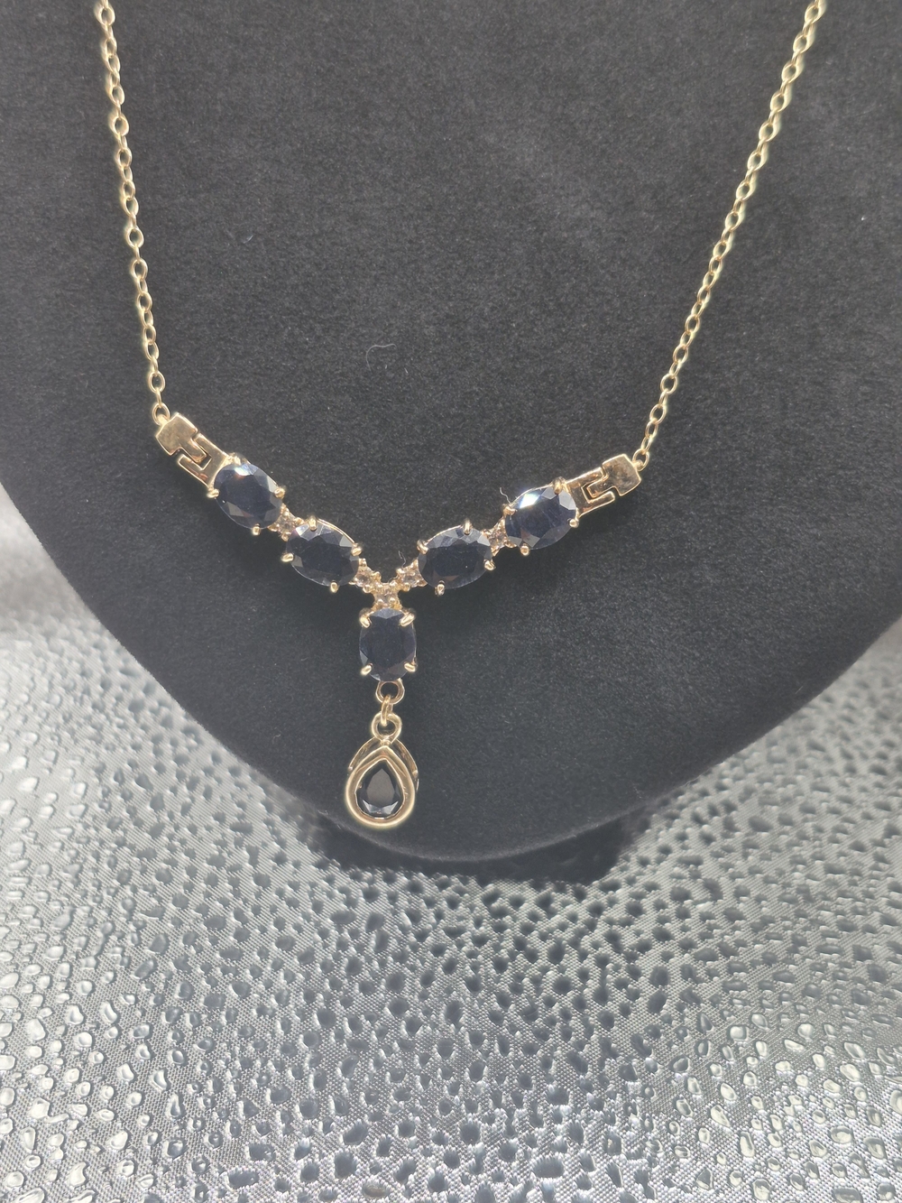 Genuine Dark Blue Sapphires And Diamond Drop Necklace